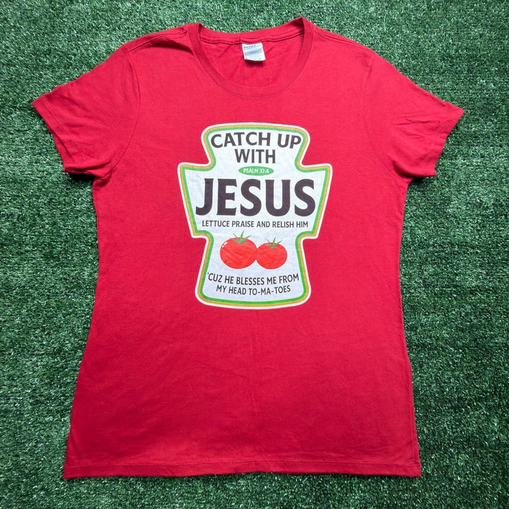 Port & Company Catch Up With Jesus Red Graphic T-Shirt Mens Medium Psalm 37:4